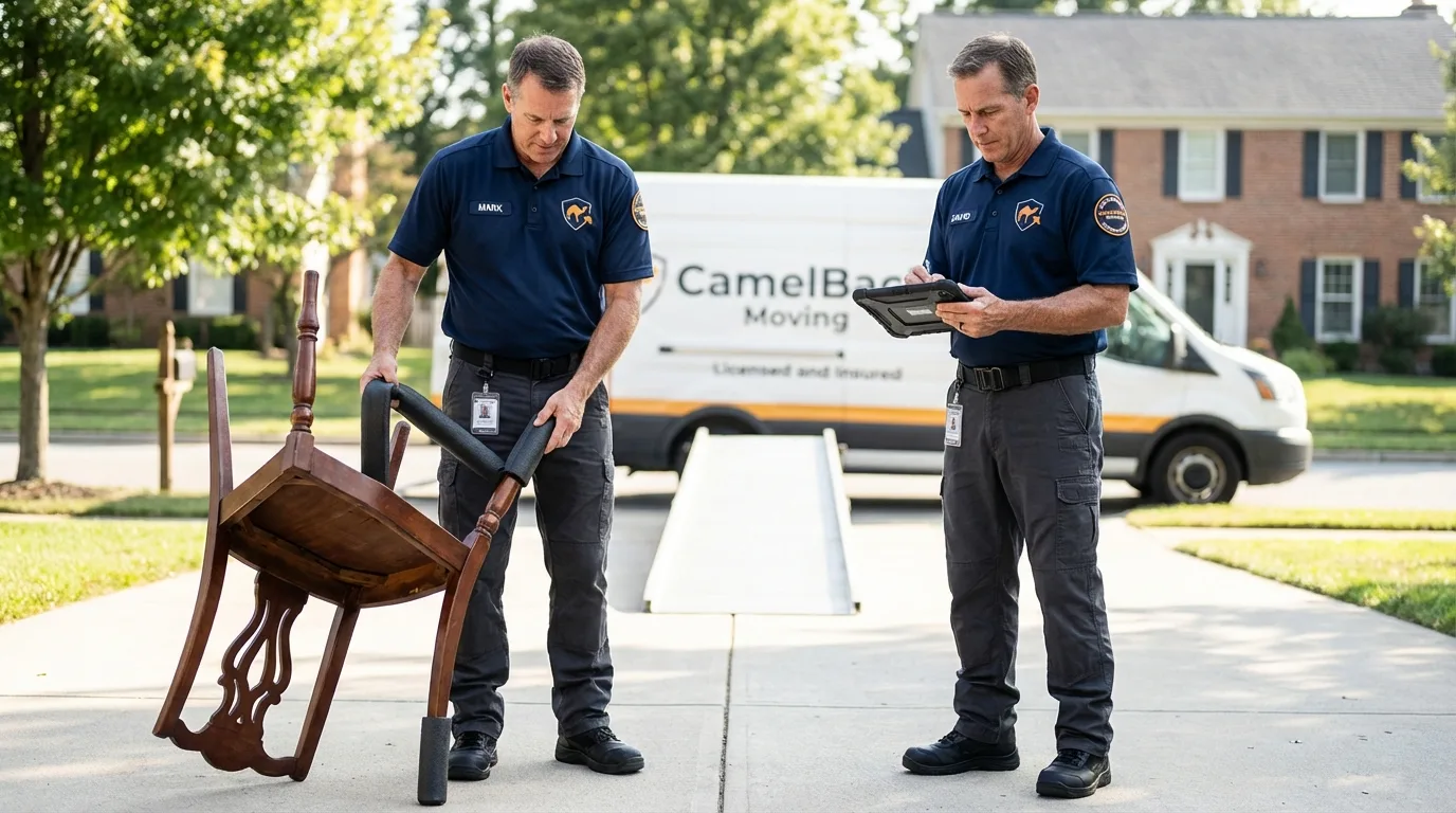 Movers inspecting furniture for damage prevention before loading in Evanston, WY