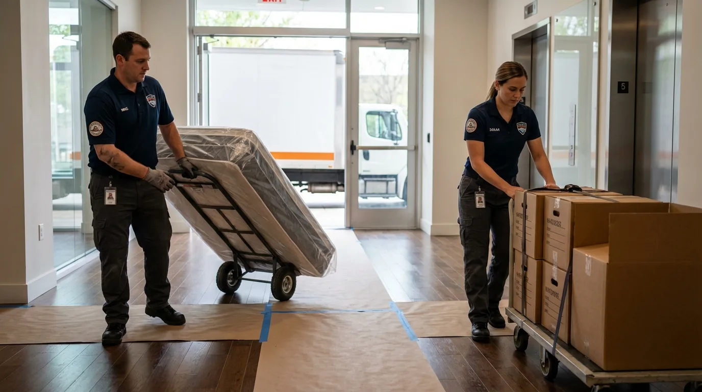 Professional apartment movers loading elevator in Evanston, WY